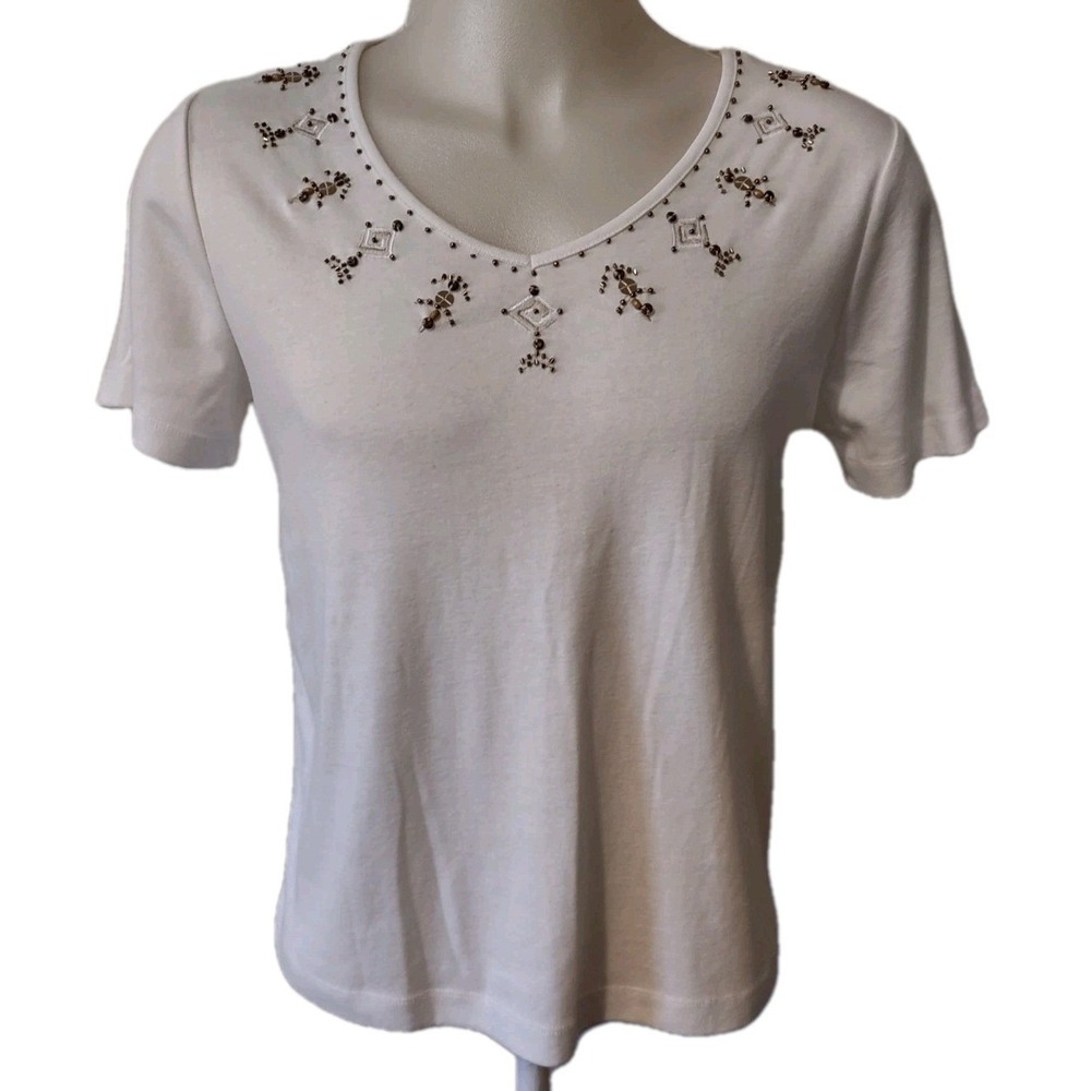 Baxter & Wells Top Women's Size L Beaded Design Embroidered Short Sleeve T-shirt